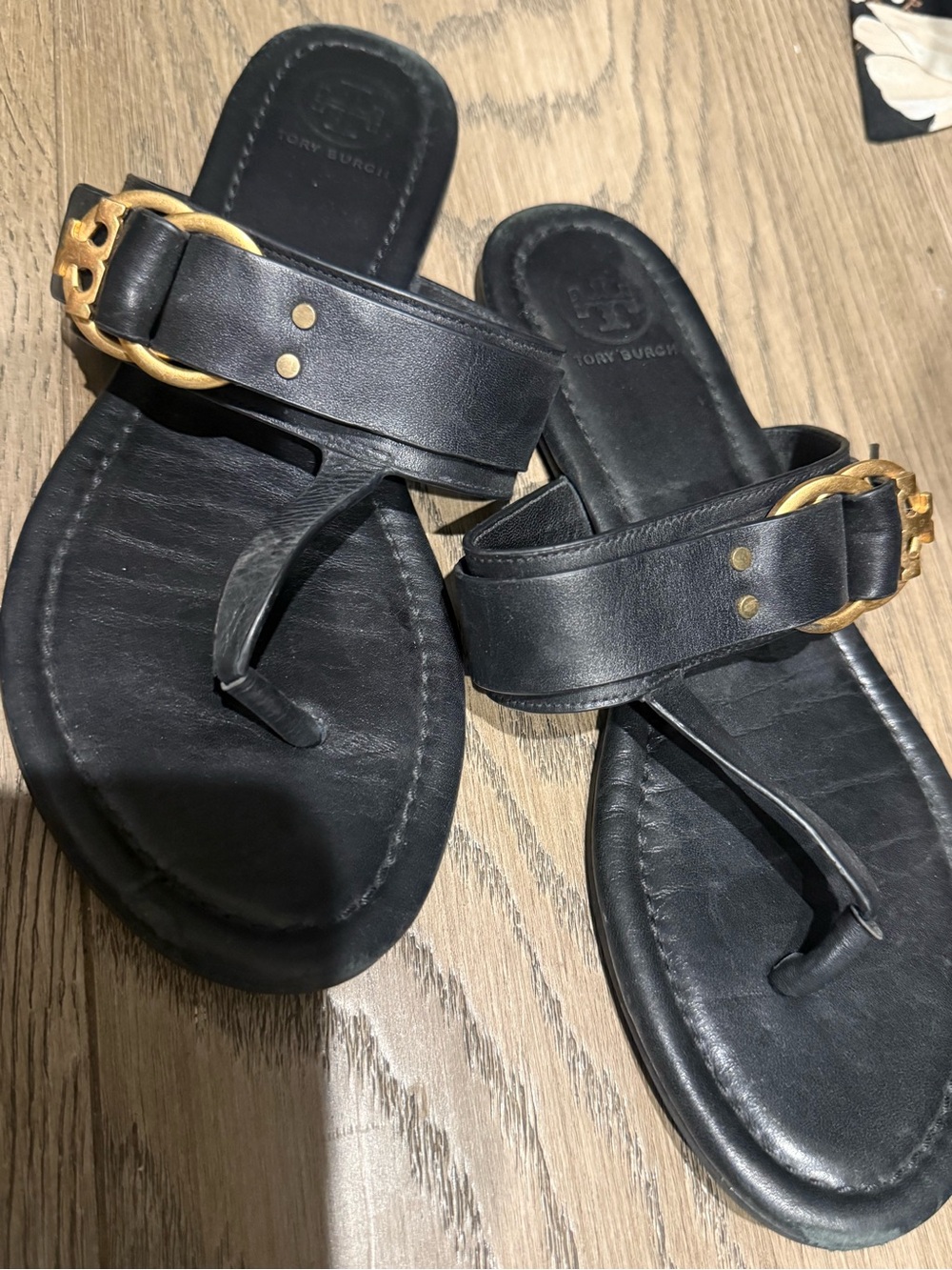 Tory Burch Black Leather Sandals with Gold Hardware